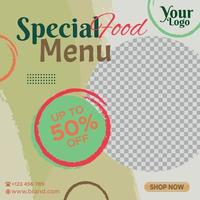 plantilla de banner de publicación de redes sociales de menú de comida especial para la promoción de comida de su negocio. ilustración de maqueta de marco de foto de vector