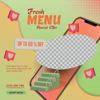 Fresh food menu social media post for promotion offer poster, banner design template, food menu web flyer, and square banner promotion vector