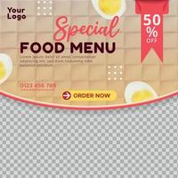 plantilla de banner cuadrado de menú de comida especial editable. menú de comida publicación en redes sociales para cartel de oferta de promoción. vector