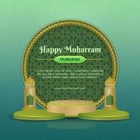 Happy Muharram calligraphy social media post template with circle ornament, 3d podium, and lantern vector