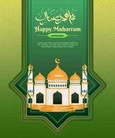 golden mosque isolated by the hanging gate for happy Muharram greeting in a green Islamic pattern. vector