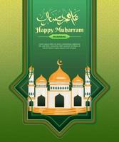 golden mosque isolated by the hanging gate for happy Muharram greeting in a green Islamic pattern. vector