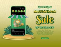 Muharram sale poster or banner template with realistic smartphone and 3d podium display. vector