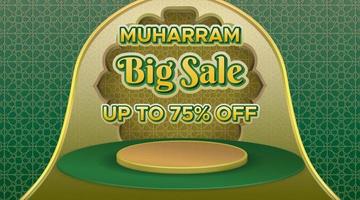 3d podium display product for Muharram big sale in soft green Arabic pattern background