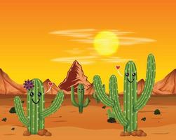 cactus en el desierto con sol y montañas ilustración vectorial eps vector