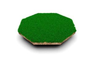 Octagon shape soil land geology cross section with green grass, earth mud cut away isolated 3D Illustration photo