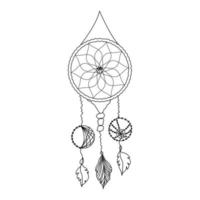 Hand Drawn Dreamcatcher with spiderweb, threads, beads and feathers. Native american symbol in boho style. vector