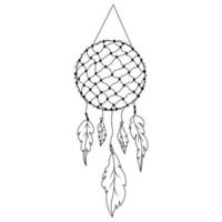 Hand Drawn Dreamcatcher with fishing net, threads, beads and feathers. Native american symbol in boho style. vector