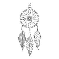 Hand drawn dreamcatcher with threads, beads and feathers. Native american symbol in boho style. vector