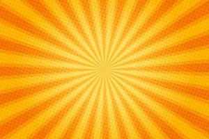 rayos de sol estilo retro vintage sobre fondo amarillo y naranja, patrón cómico con estallido de estrellas y medios tonos. efecto de explosión de sol retro de dibujos animados con puntos. rayos ilustración de vector de banner de verano.