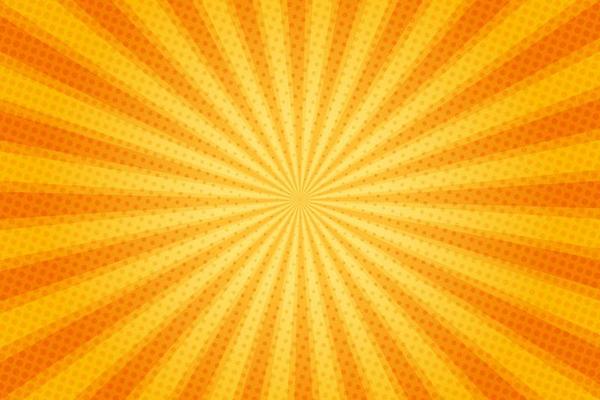 Sun rays retro vintage style on yellow and orange background, Comic pattern with starburst and halftone. Cartoon retro sunburst effect with dots. Rays. Summer banner vector illustration.