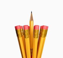 A Sharp pencil among pencil erasers. One sharpened pencil standing out from the blunt ones 3d illustration photo