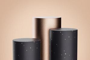 Black, pink gold cylinder pedestal podium display on empty room background. cosmetic products Minimal studio room 3d illustration photo