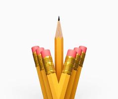 A Sharp pencil among pencil erasers. One sharpened pencil standing out from the blunt ones 3d illustration photo