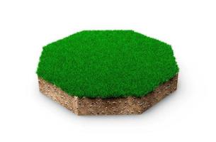 Octagon shape soil land geology cross section with green grass, earth mud cut away isolated 3D Illustration photo