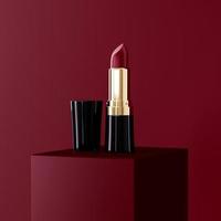 Premium Deep Red lipstick product on square stage. Isolated on red background. Lipstick 3d illustration photo