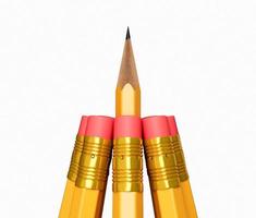 A Sharp pencil among pencil erasers. One sharpened pencil standing out from the blunt ones 3d illustration photo