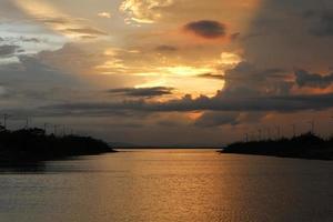 colorful dramatic sky with clouds at sunset. Sunset in  the lake photo