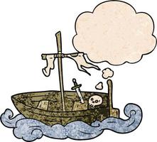 cartoon old boat and thought bubble in grunge texture pattern style vector