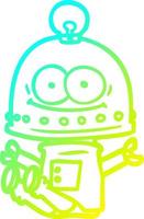 línea de gradiente frío dibujo robot de cartón feliz con bombilla vector