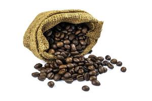 Coffee beans in a coffee burlap bag on white background.shallow focus effect. soft focus. photo