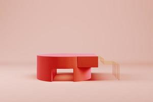 Red cylindrical pedestal with abstract geometric shapes on pastel color background for product display photo