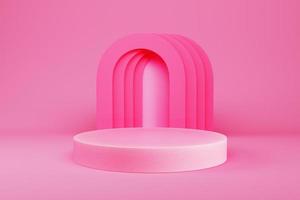 Abstract minimal background. Pink cylindrical podium with arc shape for product display photo