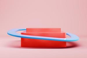 Red rectangle platform with flying geometric shape on pastel color background for product display photo