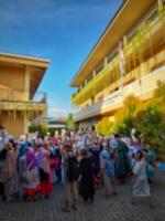 Defocused abstract background the atmosphere of students gathering in the schoolyard photo