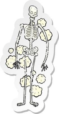 retro distressed sticker of a cartoon dusty old skeleton
