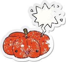 cartoon pumpkin and speech bubble distressed sticker vector