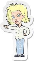 retro distressed sticker of a cartoon woman pointing vector