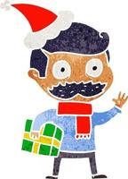 retro cartoon of a man with mustache and christmas present wearing santa hat vector