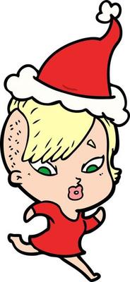 line drawing of a surprised girl wearing santa hat