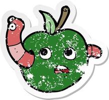 retro distressed sticker of a cartooon worm in apple vector