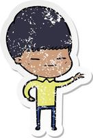 distressed sticker of a cartoon smug boy vector