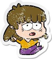 distressed sticker of a cartoon tired woman vector