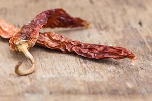 Closeup of the dried chili on the wood photo