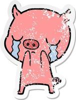 distressed sticker of a cartoon pig crying vector