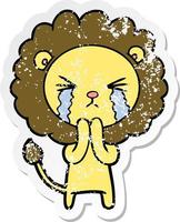 distressed sticker of a cartoon crying lion praying vector