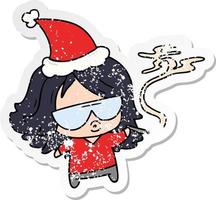 christmas distressed sticker cartoon of kawaii girl vector