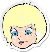 retro distressed sticker of a cartoon female face vector