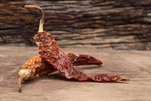 Closeup of the dried chili on the wood photo