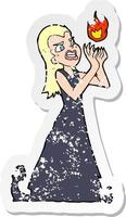 retro distressed sticker of a cartoon witch woman casting spell vector