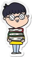 sticker of a cartoon nerd boy with spectacles and book vector