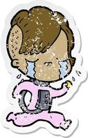 distressed sticker of a cartoon crying girl vector