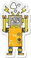 distressed sticker of a cute cartoon malfunctioning robot vector