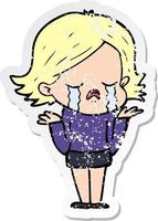 distressed sticker of a cartoon girl crying vector