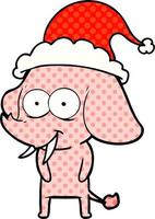 happy comic book style illustration of a elephant wearing santa hat vector