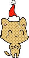 comic book style illustration of a happy cat wearing santa hat vector